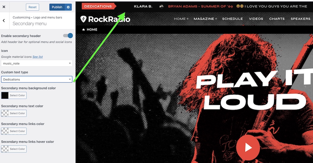 display radio dedications in website menu