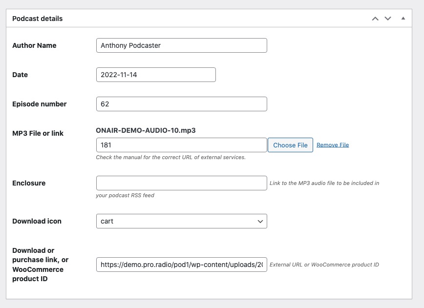 Podcast details mp3 source wordpress tempalte
