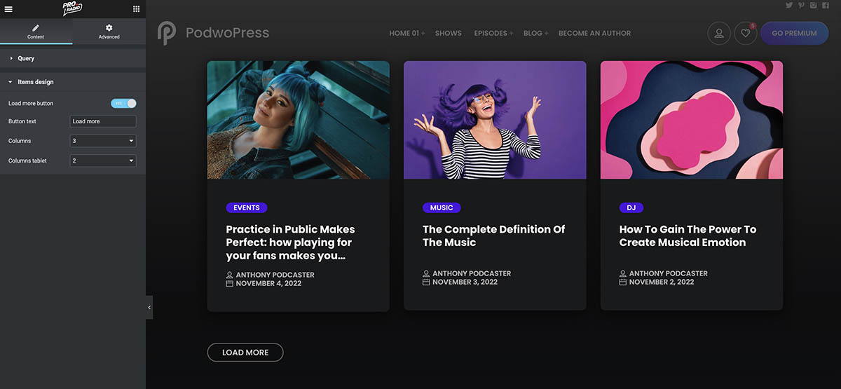 elemnentor podcast website template Post Grid query item design