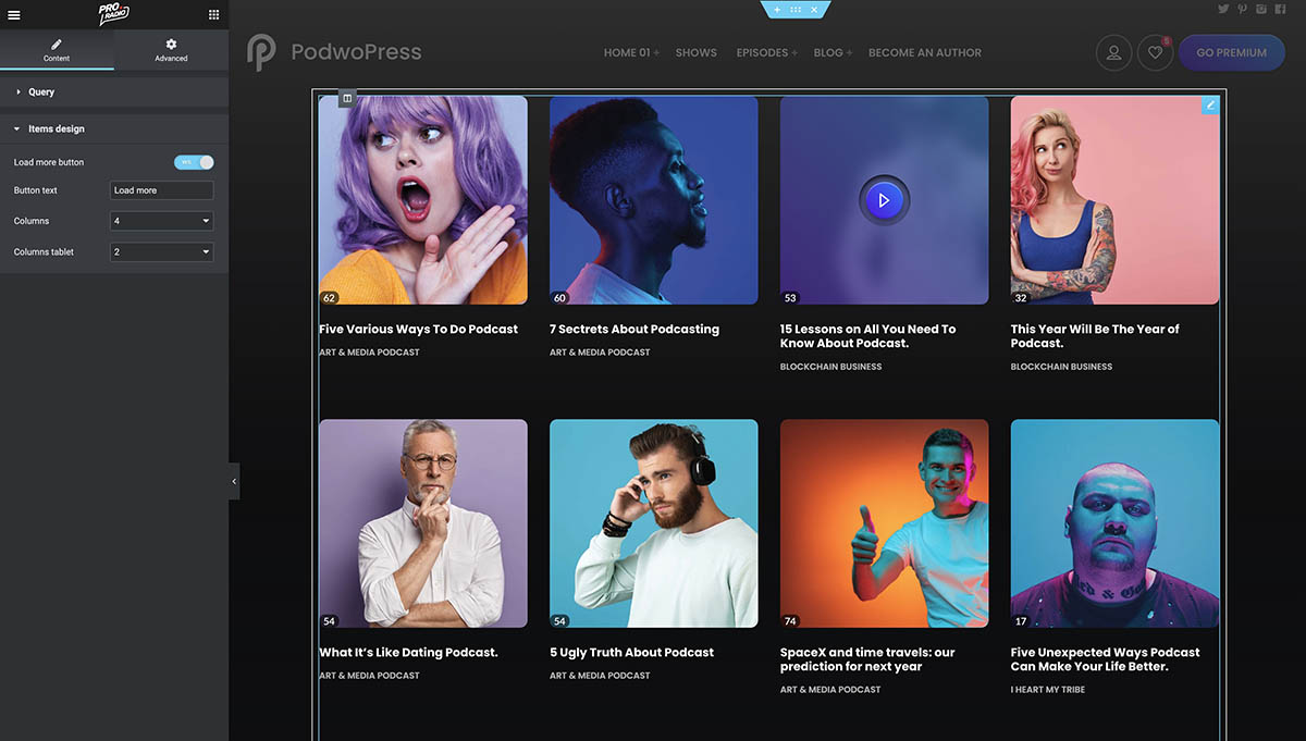 podcast load more button elementor wodpress tempalte