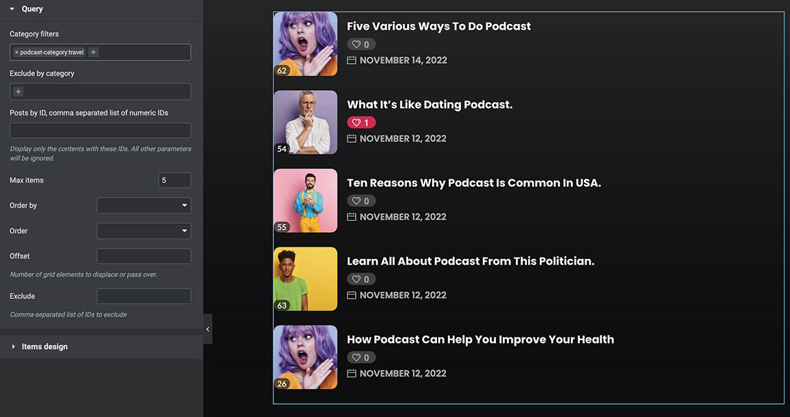 podcast list small elementor widget for wordpress query parameters