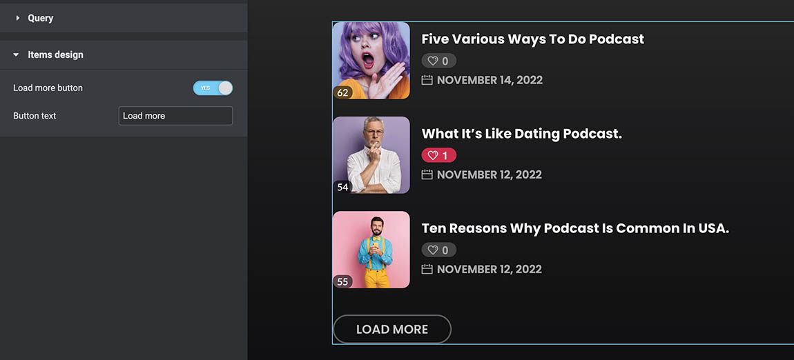 load more button podcast widget for wordpress website template
