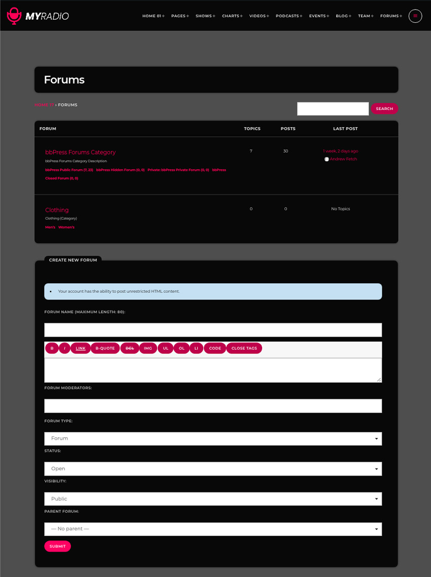 forum styling index wordpress and bbpress proradio